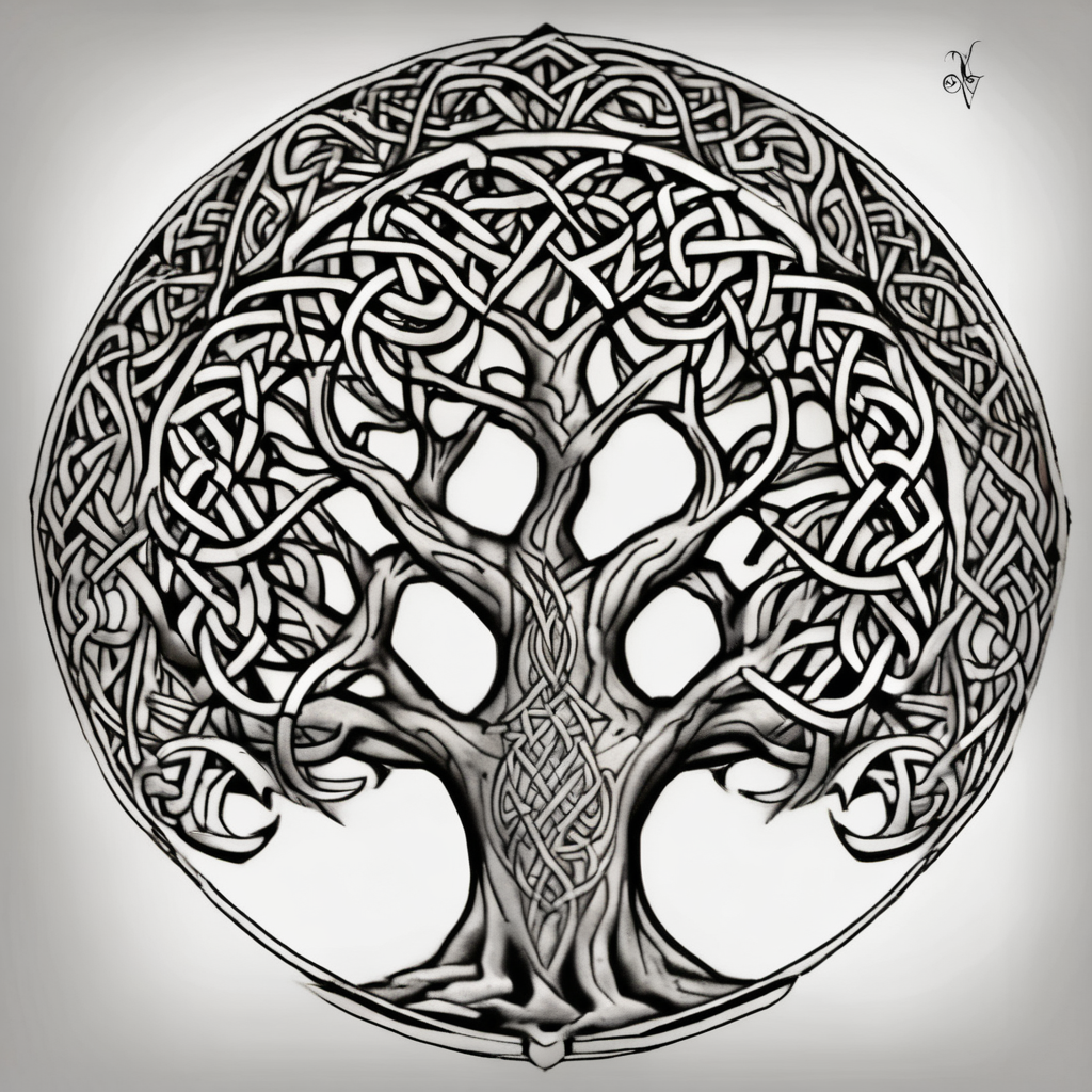 Irish shoulder tattoo, that is non-religious and has a Celtic tree glitter tattoo(AIが生成したリアリズムスタイルのタトゥーデザイン)